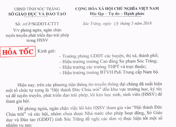 Sóc Trăng cảnh báo học sinh, sinh viên về tổ chức tự xưng “Hội thánh Đức Chúa trời” ảnh 1