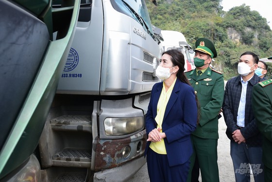 Phó Chủ tịch UBND tỉnh Lạng Sơn Đoàn Thu Hà kiểm tra xe chở hàng hóa xuất khẩu bị ùn tắc ở Lạng Sơn ngày 14-12