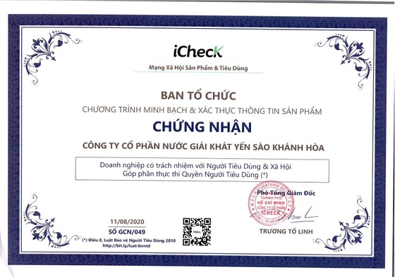 Công ty CP Nước giải khát Yến sào Khánh Hòa đạt nhiều danh hiệu, giải thưởng, chứng nhận uy tín trong tháng 9-2020 ảnh 3