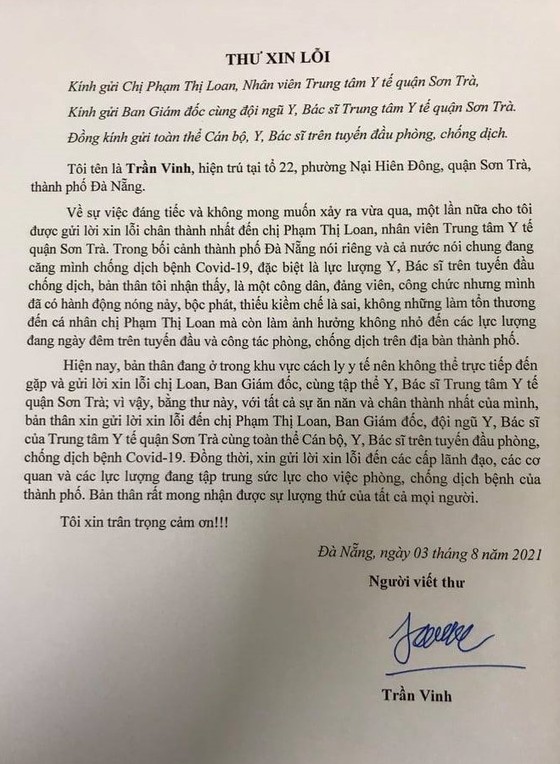 Phó Chánh Văn phòng Đoàn ĐBQH - HĐND TP Đà Nẵng gửi thư xin lỗi nữ kỹ thuật viên xét nghiệm ảnh 1