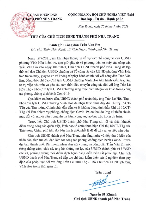 Chủ tịch UBND TP Nha Trang gởi thư xin lỗi nhân vật trong vụ việc 'bánh mì không phải thực phẩm thiết yếu' ảnh 1