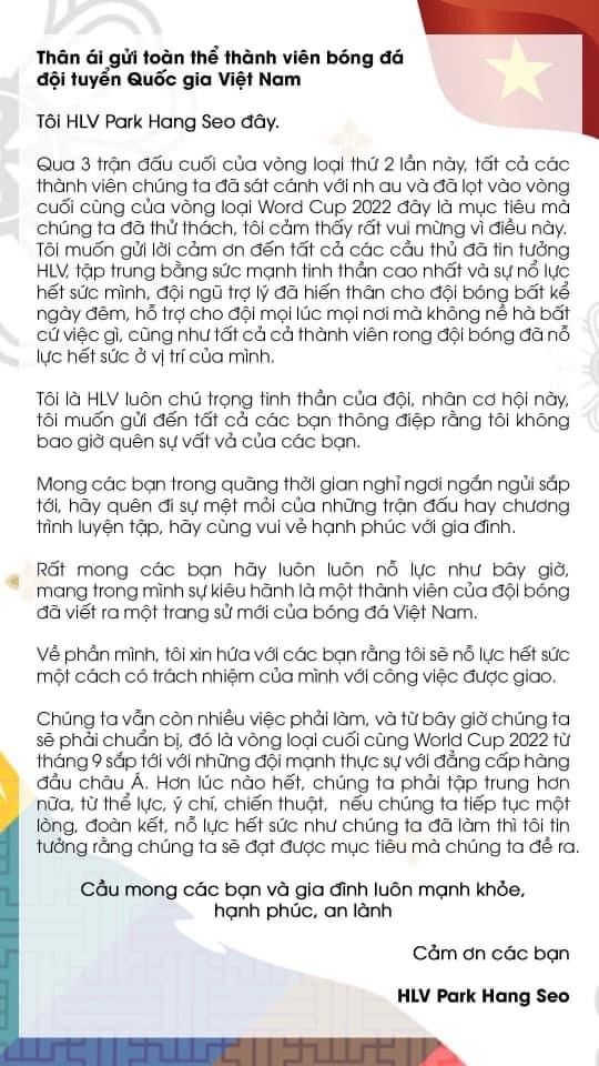 HLV Park Hang-seo viết thư động viên các cộng sự và học trò ảnh 2