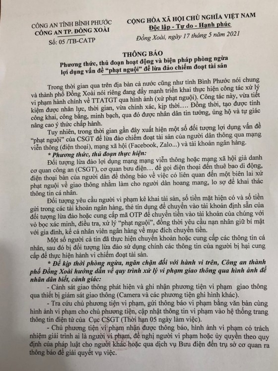 Bình Phước: Cảnh báo lừa đảo xử lý 'phạt nguội', chiếm đoạt tài sản ảnh 1