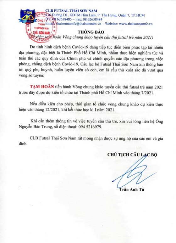 Thái Sơn Nam hoãn vòng chung kết tuyển sinh đến tháng 12 ảnh 1