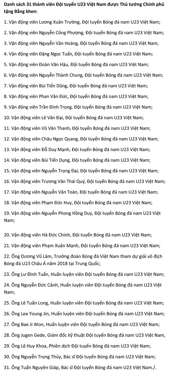 Thủ tướng tặng bằng khen cho các tuyển thủ U23 Việt Nam ảnh 1