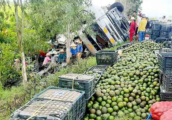 Người dân thu gom trái cây giúp tài xế khi xe tải bị lật ở quốc lộ ảnh 1