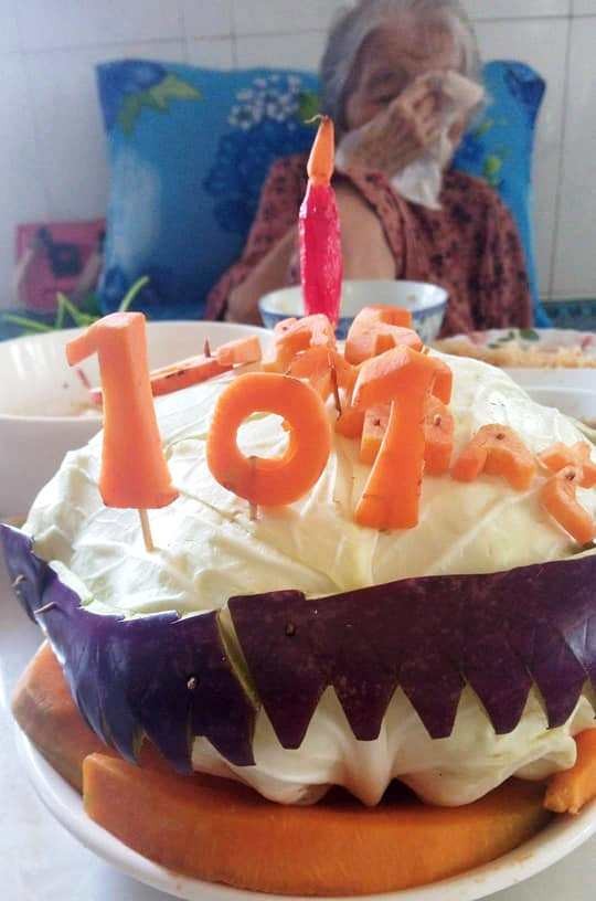 Con rể 71 tuổi dùng bắp cải làm bánh sinh nhật tặng mẹ vợ 101 tuổi trong khu cách ly ảnh 1