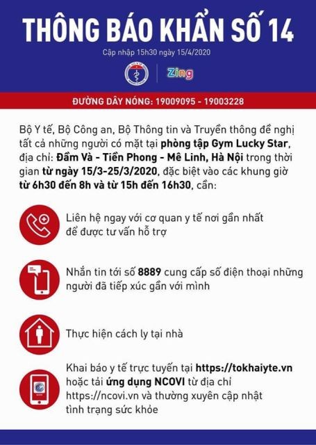 Bộ Y tế khẩn cấp tìm người tới phòng tập Gym Lucky Star ở Mê Linh ảnh 1