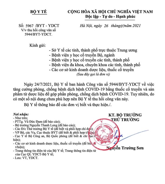 Bộ Y tế thu hồi công văn về phòng chống dịch Covid-19 bằng thuốc y học cổ truyền ảnh 1