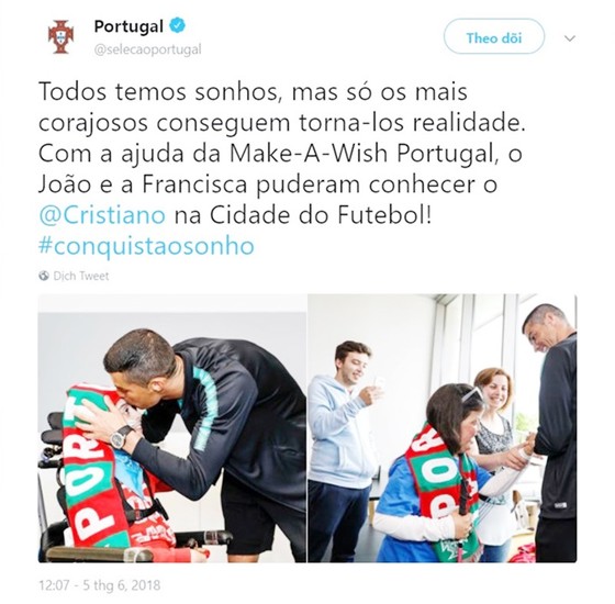 Ronaldo biến giấc mơ trẻ em khuyết tật thành hiện thực. Ảnh từ Twitter.