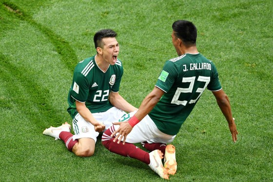 Hirving Lozano (trái) ăn mừng bàn thắng gây sốc đầu tiên của kỳ giải này. Ảnh: Getty Images