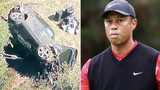 Tiger Woods và hiện trường vụ tai nạn xe hơi vào sáng nay ở California.