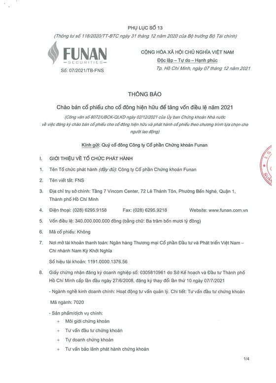 Công ty Cổ phần Chứng khoán Funan thông báo chào bán cổ phiếu ảnh 1