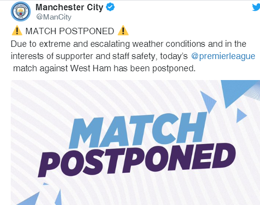 Hoãn trận Man City - West Ham vì bão Ciara