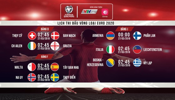 Lịch trực tiếp vòng loại Euro 2020 trên kênh VTVcab và 