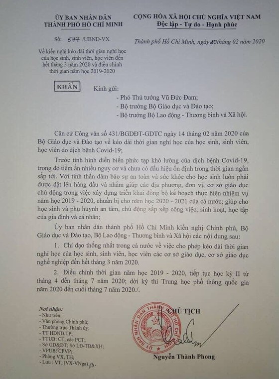 TPHCM chính thức đề xuất Bộ GD-ĐT kéo dài thời gian nghỉ học đến hết tháng 3-2020 ảnh 2
