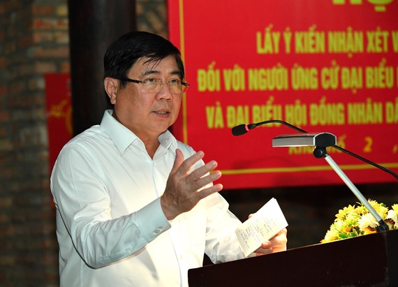 100% cử tri đồng ý giới thiệu đồng chí Nguyễn Thành Phong ứng cử đại biểu HĐND TPHCM nhiệm kỳ 2021 - 2026 Chủ tịch UBND TPHCM Nguyễn Thành Phong phát biểu tại hội nghị. Ảnh: VIỆT DŨNG