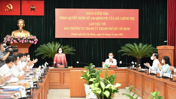 Trưởng Ban Tổ chức Trung ương Trương Thị Mai chủ trì buổi làm việc của đoàn kiểm tra với Ban Thường vụ Thành ủy TPHCM. Ảnh: VIỆT DŨNG