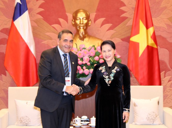 National Assembly Chairwoman Nguyen Thi Kim Ngan (R) receives President of the Chamber of Deputies of Chile Fidel Espinoza Sandoval in Hanoi on January 20 (Photo: VNA)