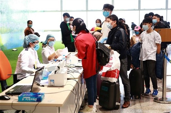 Passengers line up to wait to complete compulsory health declaration procedures at Noi Bai airport. — VNA/VNS Photo
