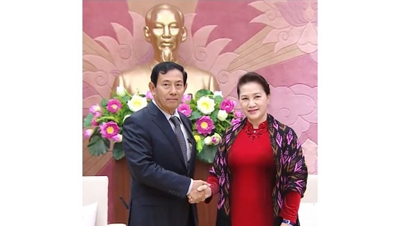 Chairwoman of the National Assembly of Vietnam Nguyen Thi Kim Ngan receives chairman of the Union Solidarity and Development Party U Than Htay