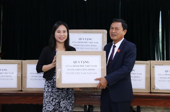 Trinh Thi Tam (L) from the Vietnamese Embassy symbolically hands over face masks to Vice Chairman of the General Association of Vietnamese People in Laos Pham Van Hung on November 28 (Photo: VNA)