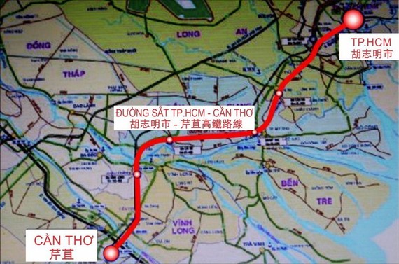 圖為胡志明市-芹苴高鐵路線圖。（圖源：TL）