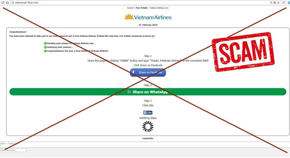 越南航空公司勸喻顧客，對於來歷不明網頁的促銷資訊提高警惕和不分享個人資訊、賬戶資訊或登入這些網頁。