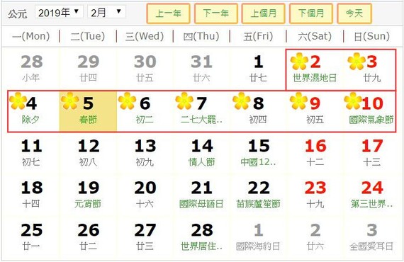 勞動與榮軍社會部呈春假方案，2019己亥年春節一共放假9天。