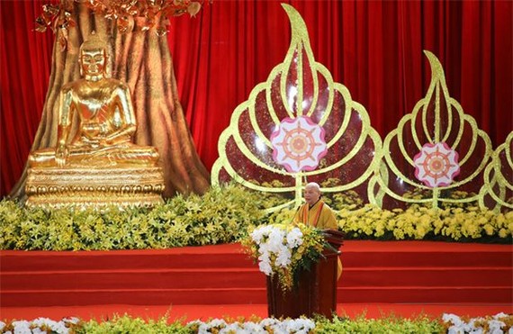越南佛教教會理事會主席釋善仁和尚在2019年聯合國衛塞佛誕大典開幕式上致詞。（圖源：互聯網）