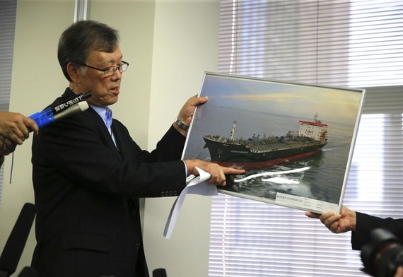 日本航運公司Kokuka Sangyo總裁出席記者會關於Kokuka Courageous油輪遇襲事件。（圖源：互聯網）