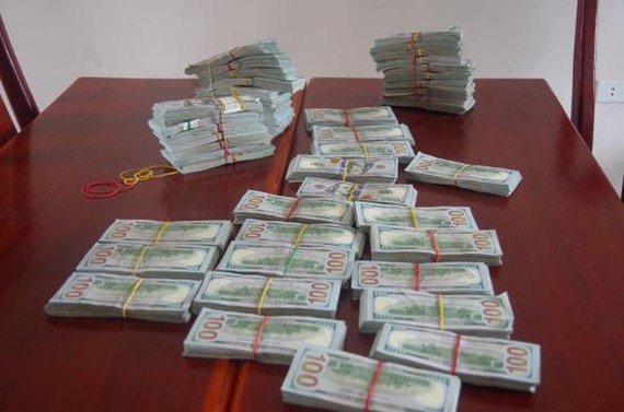 被查扣的入境攜帶大額外幣共47萬美元。（圖源：安江省邊防部隊）