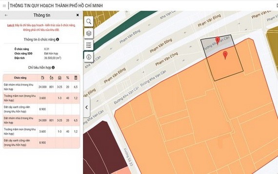 “胡志明市規劃資訊” 應用程式界面。