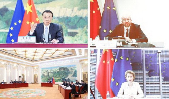 6月22日，李克強同歐洲理事會主席米歇爾、歐盟委員會主席馮德萊恩共同主持第二十二次中國－歐盟領導人會晤。（圖源：新華社）