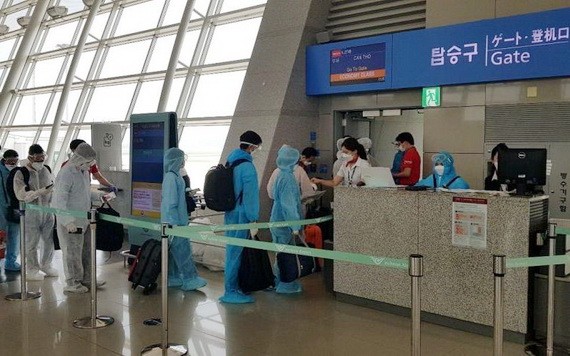 從韓國撤回的我國公民在機場辦理登機手續。（圖源：何珍）