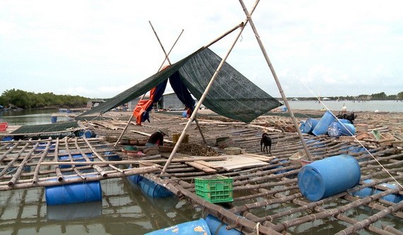 圖為木仁河上一養魚網箱。（圖源：孟軻）