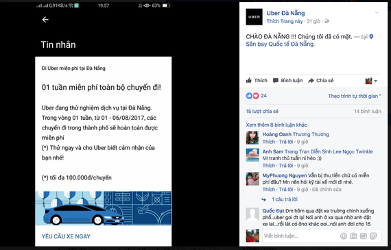 Quảng cáo đi miễn phí dịch vụ Uber tại Đà Nẵng trên mạng xã hội facebook 