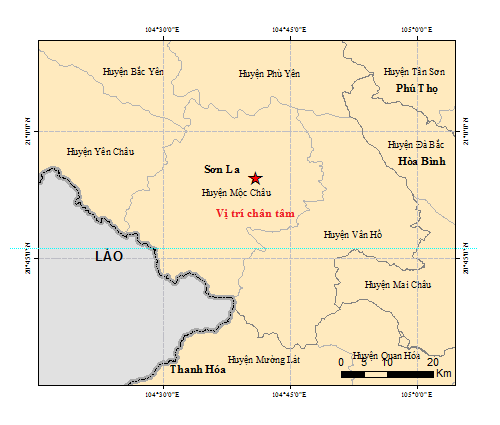 Bản đồ chấn tâm động đất tại Sơn La ngày 27-7