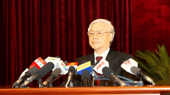 Party General Secretary Nguyen Phu Trong delivers a speech at the fifth plenary meeting of the 12th Communist Party of Vietnam (CPV) Central Committee, closed in Hanoi yesterday after six days of working. (Photo: VNA/VNS)
