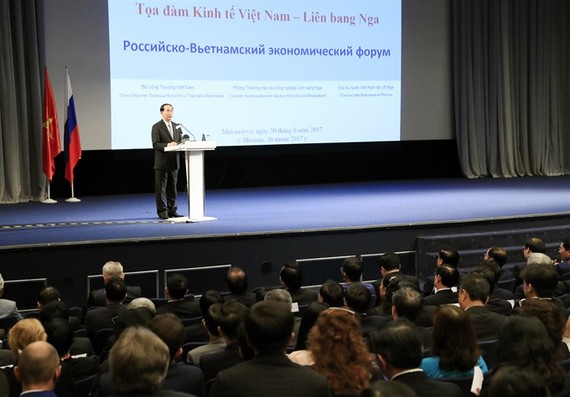 President Tran Dai Quang gives a speech at yesterday’s Vietnam-Russia economic seminar in Moscow. (Photo: VNA/VNS)