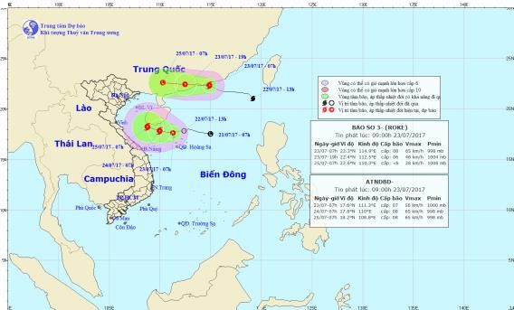 Direction of Typhoon Roke and a tropical depression in the East Sea on July 23 (Photo: national weather bureau)