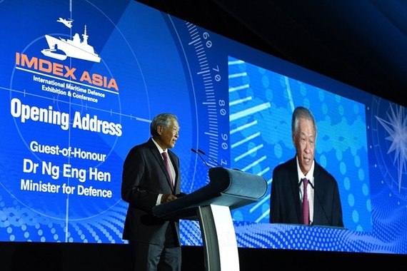 Minister of Defence Ng Eng Hen delivers the opening address at the International Maritime Defence Exhibition & Conference (IMDEX) Asia 2019. (Source: www.mindef.gov.sg)