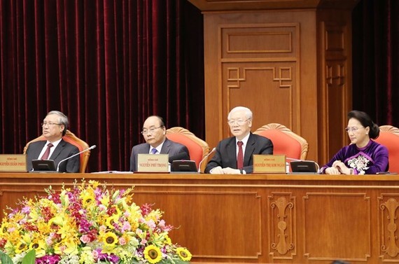 Party General Secretary and State President Nguyen Phu Trong (second, right) addresses the opening session of the 12th Party Central Committee's 10th meeting in Hanoi on May 16 (Photo: VNA)