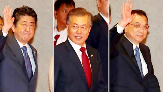 Các lãnh đạo Nhật Bản, Hàn Quốc, Trung Quốc sẽ thảo luận các biện pháp thúc đẩy giao lưu và hợp tác kinh tế giữa ba nước. Ảnh: YONHAP