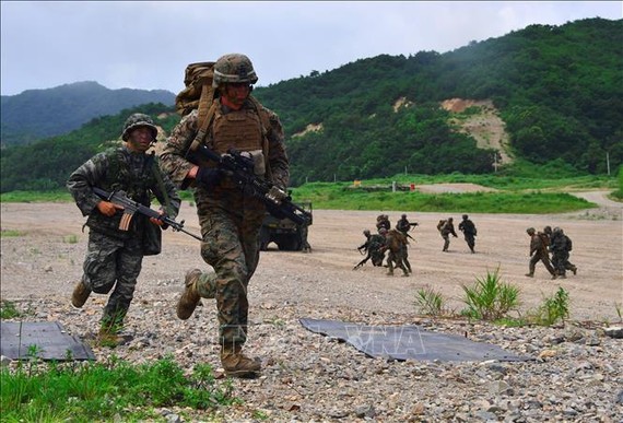 Binh sĩ tham gia diễn tập tại căn cứ quân sự ở cảng Pohang, miền Đông Nam Hàn Quốc ngày 6/7/2016. Ảnh: AFP/TTXVN