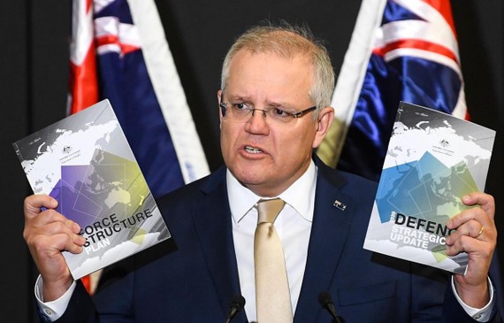Thủ tướng Australi Scott Morrison phát biểu trong buổi công bố Cập nhật Chiên lược Quốc phòng Australia 2020. Nguồn: FT
