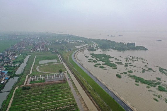 Nước lũ sông Trường Giang dâng sát bờ đê thành phố Dương Trung, tỉnh Giang Tô của Trung Quốc, vào ngày 17-7. Nguồn: Tân Hoa xã