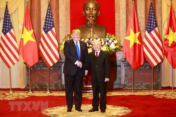 Tổng Bí thư, Chủ tịch nước Nguyễn Phú Trọng tiếp Tổng thống Hoa Kỳ Donald Trump hồi tháng 2-2019. Ảnh: TTXVN
