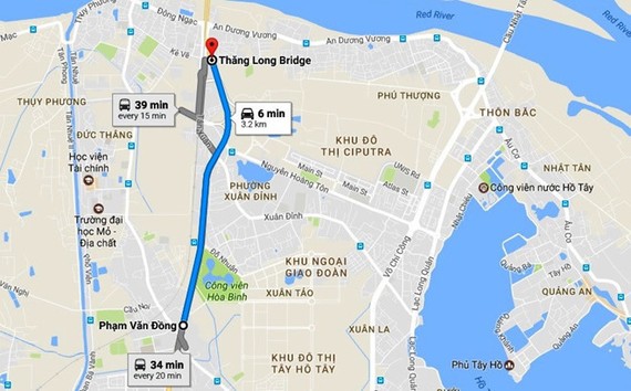 Cầu cạn Mai Dịch - Nam Thăng Long dài hơn 5km. Ảnh: GOOGLE MAPS 