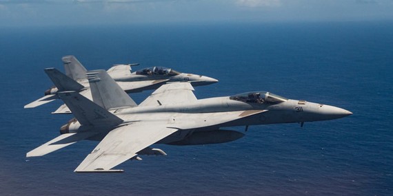 Tiêm kích F/A-18 Super Hornet của hải quân Mỹ bay từ căn cứ Iwakuni, Nhật Bản. Ảnh: US AIR NATIONAL GUARD